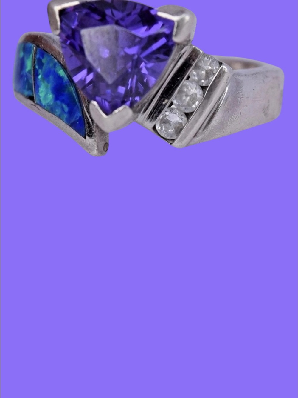 Vintage AK 925 Sterling Silver Amethyst, Opal Inlay & CZ Statement Ring - Picture 3 of 8
